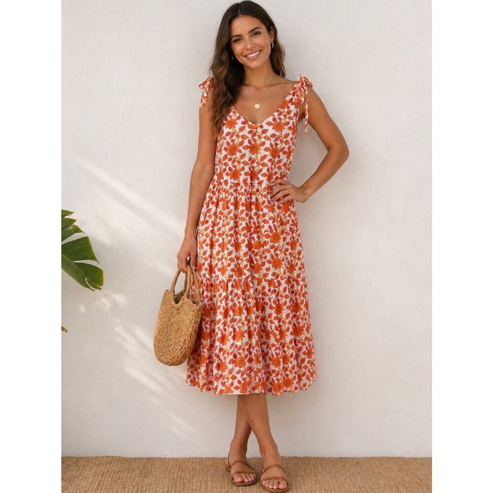 Victoria Dunn Hand Block Floral Printed Tiered  Cotton Midi Dress Size Small